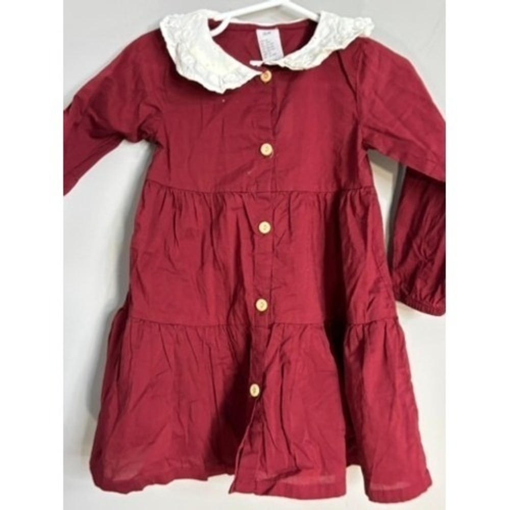 H&M Burgundy Long Sleeve Tiered Dress‎ with White Lace Collar Dress - Picture 2 of 5